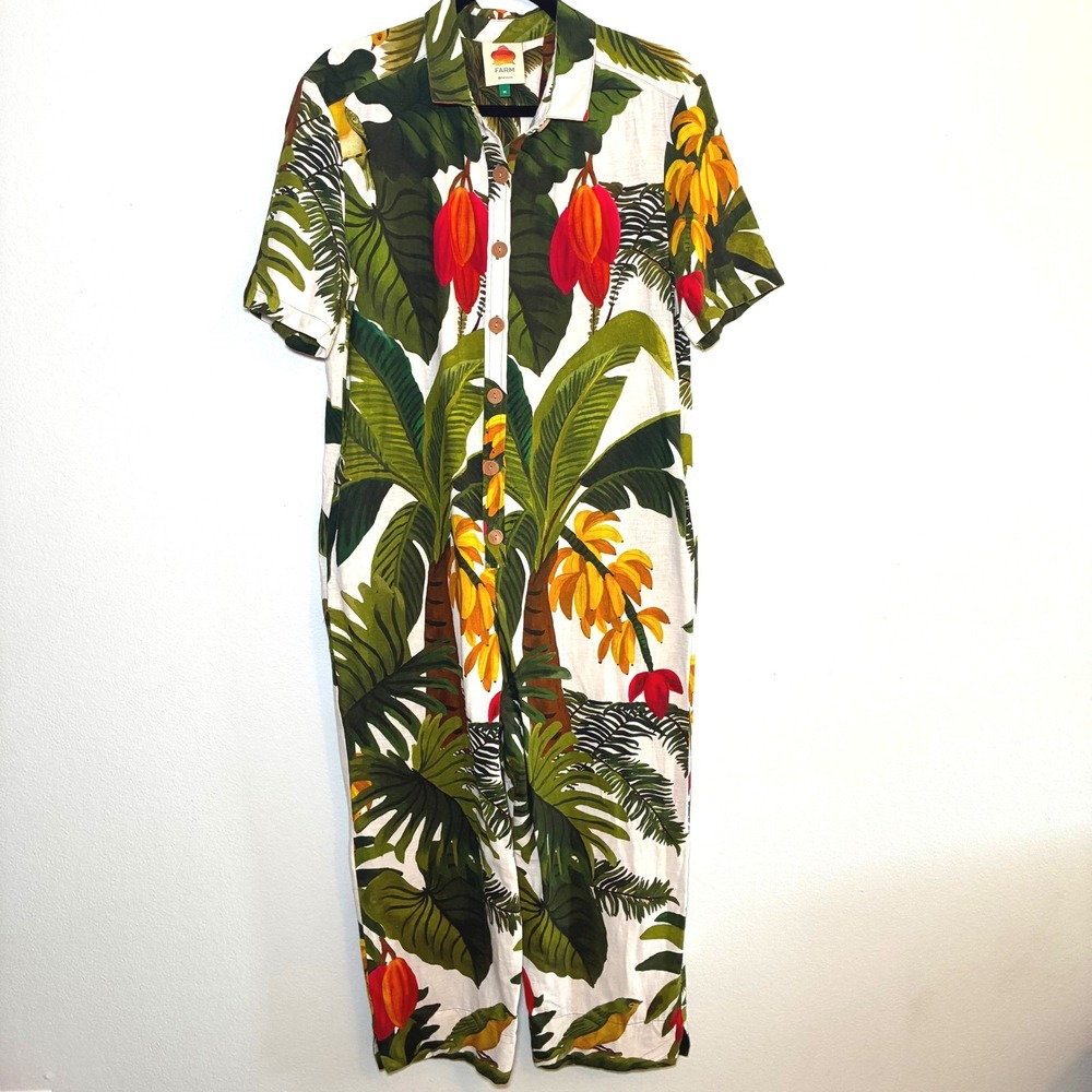 Farm Rio Cocoa Forest Linen Jumpsuit Tropical Resortwear Maximalist Boho Medium - Picture 2 of 9